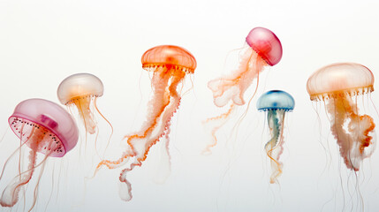 Glowing jellyfish swim deep in blue sea. Medusa neon jellyfish fantasy. a Jellyfish colorful fantasy neon on a Caribbean sea,Neon colorful look like a fairy tale. Underwater a beautiful colorful sea a