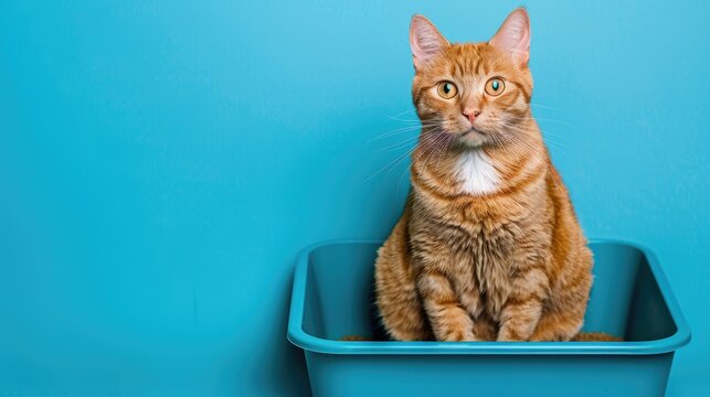 Adorable orange cat with litter box against blue backdrop