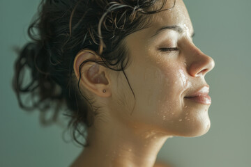 A close up of a woman after having a shower with her eyes closed looking to a side