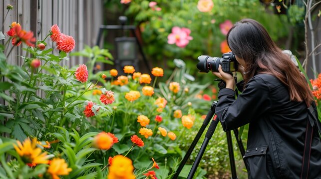 An outdoor garden with vibrant flowers; a blogger captures stunning photos with a tripod-mounted camera.