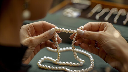 Female customer trying on pearl necklace in shop.
