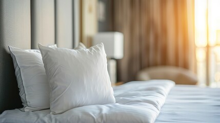 Fototapeta premium White Pillow on a Made Bed in a Hotel Room