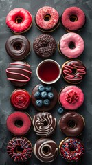 Fototapeta premium Colorful Donuts Arranged in a Variety of Shapes on a Grey Surface