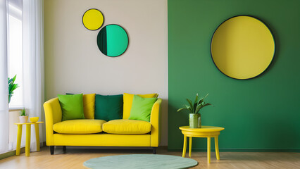 Modern living room featuring a bright yellow couch, green walls, circular wall art, and decorative houseplants enhancing the minimalist decor