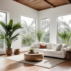 Bright and airy tropical living room design featuring a white sofa, wooden accents, and lush outside view through large windows