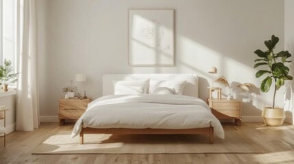 A serene Japandi bedroom with white walls and light oak floors The room features a platform bed with a white upholstered headboard