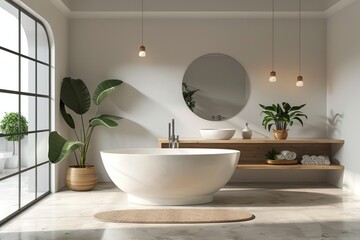 Fototapeta premium A spacious Japandi bathroom with white walls and polished concrete floors The room features a large freestanding bathtub with a matte white finish