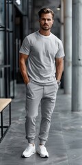 Fototapeta premium Man Wearing Grey T-Shirt and Sweatpants Standing in Modern Building