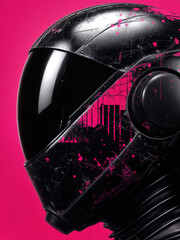 A black helmet with pink paint on it on a pink background