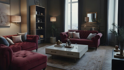 Sophisticated living room with a luxurious red sofa, vintage accents, and soft lighting, creating an elegant and inviting atmosphere