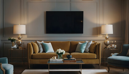 Sophisticated living room featuring a luxurious mustard sofa, stylish decor, soft lighting, and a modern flat-screen tv on the wall