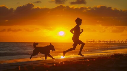 Obraz premium A boy running with his dog on the beach at sunset, creating a beautiful and joyful moment against the vibrant orange and yellow sky.