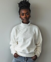 Obraz premium Stylish Black Woman in a White Sweatshirt Posing Against a Grey Wall