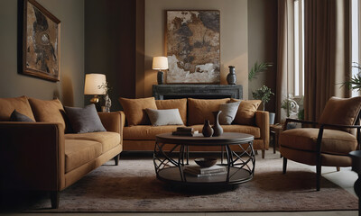 Elegant living room with velvet sofas, a vintage map, and timeless decor, crafting a warm yet refined interior atmosphere