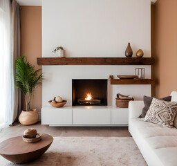 Inviting modern living room with a cozy fireplace, chic decor, and comfortable neutral tones for an elegant atmosphere