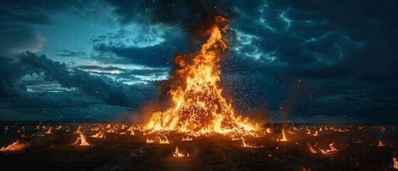 Fototapeta premium Large effigy burning at night, flames against the dark sky, Dramatic, Symbolic, Photography, capturing the climax of the festival 8K , high-resolution, ultra HD,up32K HD