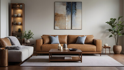 Stylish contemporary living room featuring a luxurious brown leather couch, chic abstract art, and sleek neutral-toned furnishings for a cozy ambiance
