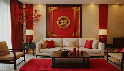 Elegant oriental-inspired living room featuring red accents, classic decor, and a plush seating arrangement for a refined home atmosphere