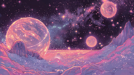 abstract surreal planets and galaxy wallpaper, lofi vibes