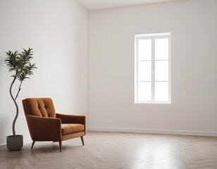 Fototapeta premium Sleek, modern living area with a chic, cozy chair and an indoor plant by a sunlit window