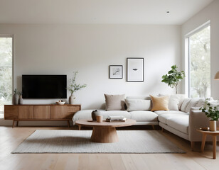 Naklejka premium Elegant living room with a cozy sofa, wooden decor, and art, illuminated by natural light streaming through expansive windows