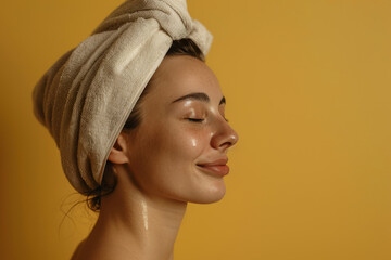 Fototapeta premium A close up of a woman after having a shower with her eyes closed looking to a side