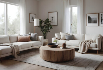 Naklejka premium Elegant and tranquil living area featuring neutral tones, cozy sofas, and chic wooden furnishings for a welcoming ambiance