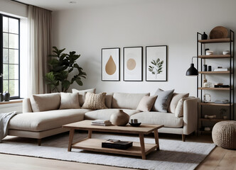Contemporary living area with a stylish beige sofa, elegant decor, and minimalist framed wall art