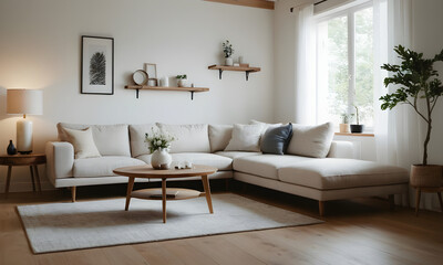 Fototapeta premium Inviting and chic living room featuring a plush couch, rustic coffee table, and greenery for a natural touch