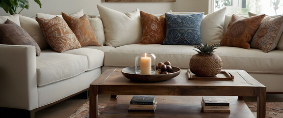 Inviting living room with a neutral couch, vivid decorative pillows, and a wooden coffee table centerpiece