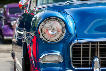 Close up view of blue classic American muscle car.