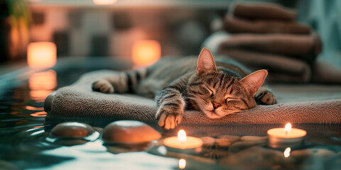 Cat resting with candles in spa setting. Concept of  spa ambiance, humorous advertising, wellness promotion, zen atmosphere