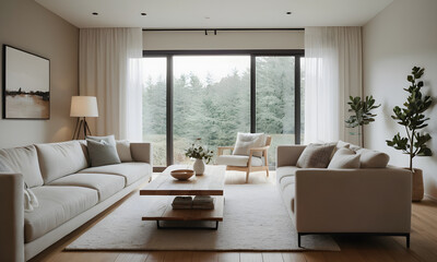 Fototapeta premium Modern living room with expansive windows showcasing serene forest view and abundant natural light