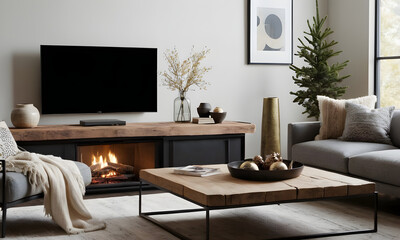 Modern living room with a warm fireplace, elegant furniture, and tasteful decor creating a welcoming and peaceful interior space