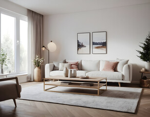 Stylish modern living room with comfortable furniture and a serene color palette, illuminated by natural light from a large window