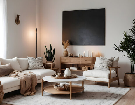 Inviting living room with a cozy sofa, wooden furnishings, and charming greenery, creating a serene and hospitable ambiance