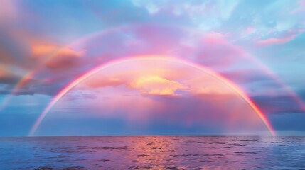 A vibrant rainbow arcs over the calm sea post-storm, symbolizing hope and renewal. Nature promises better days.