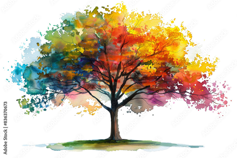 Wall mural a vibrant watercolor painting of a tree with colorful leaves. the tree is a symbol of growth, life, 