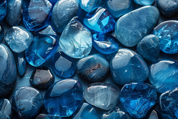 Fototapeta premium Background of blue stones on a surface. The stones are of various sizes and shapes, and they appear to be arranged in a pattern