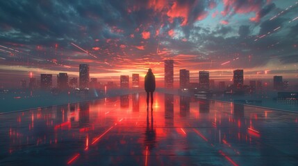 minimalist scene, city buildings on the distant horizon with roads leading towards them, while a solitary figure stands on the road below. Technological lines and data elements overlay the landscape