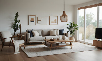 Spacious and stylish modern living room with comfortable furniture, natural light, and tasteful wall art, depicting contemporary home design