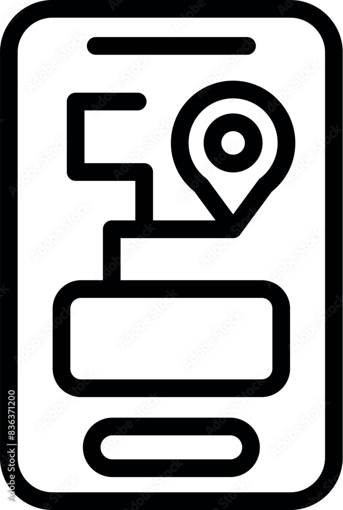 Poster simplified line art icon depicting a smartphone with map pin and interface