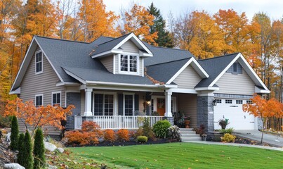 Beautiful suburban home in fall with green grass, trees, gray roof, white trim, garage door, and front porch with railing. garden with plants and flowers near entrance showcases stunning architecture