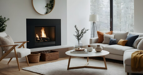 Modern living room with a warm fireplace, comfortable sofa, and stylish decor welcomes relaxation in a serene, natural setting