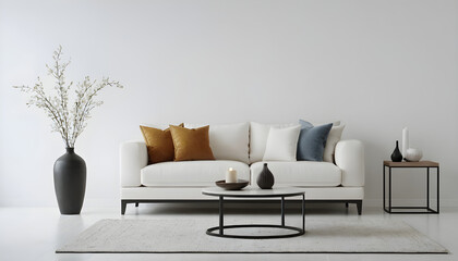 Modern living room setting with a chic white couch, various decorative pillows, and elegant minimalistic accents