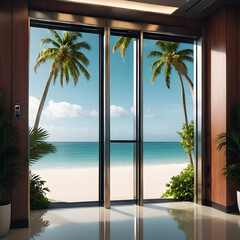 An office elevator-vacation concept: Stark elevator doors open to reveal a serene scene of palm trees, beach and ocean. Generative AI