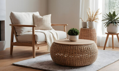 Tranquil living room ambiance showcasing a cozy armchair, wooden coffee table, and greenery, radiating a cozy, simple aesthetic