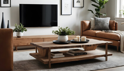 Warm minimalist aesthetic in a cozy living room with wooden furniture, plants, and contemporary elements