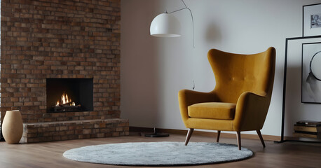Modern living room with cozy fireplace, stylish yellow armchair, sleek pendant lamp, and minimalistic decor accents