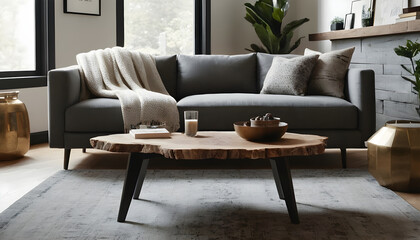 Cozy modern living room featuring a stylish gray sofa, natural wood coffee table, and decorative golden accents. Inviting and contemporary space